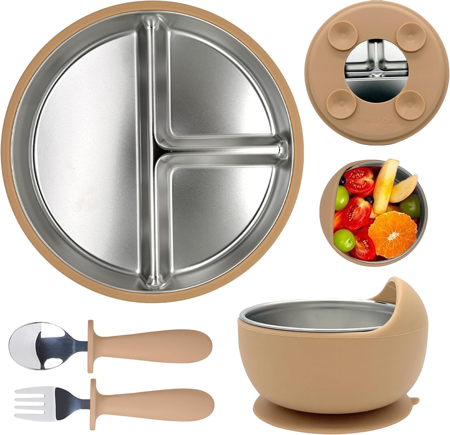 MOMERA Stainless Steel Baby Plate & Bowl Set with Suction | Divided Toddler Feeding Set | Durable, BPA-Free, Easy to Clean | Baby Tableware for Self-Feeding