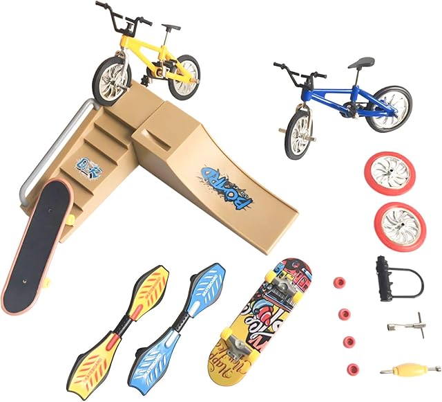 Fingertoys Skate Park Kit, Mini Finger Skateboard Toys Set Finger Scooter Finger Bicycle Swing Boards and Multiple Scenes Ramp with 9 Pcs Replaceable Accessories Gifts Party Favors for Kids Children