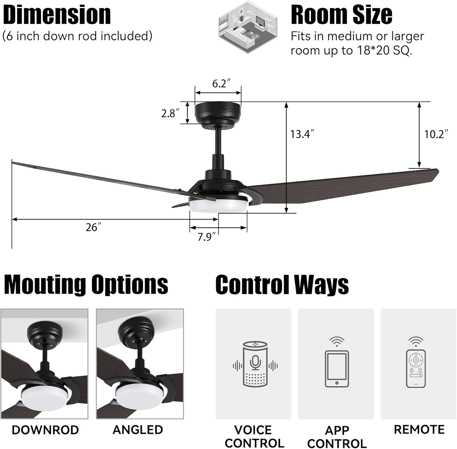 SMAAIR 52 Inch Smart Ceiling Fan with Light, 3 Blade Low Profile Ceiling Fan with Light and 10 Speed DC Motor, works with APP/Alexa/Google Assistant/Siri Shortcuts (Dark Walnut Wood)