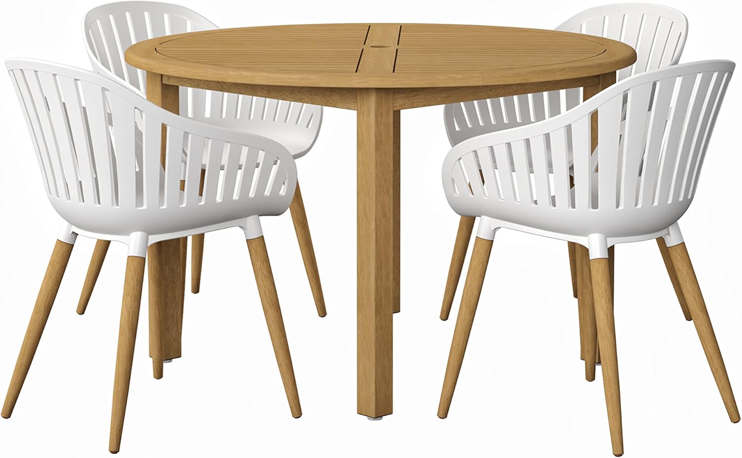 Urban Elements Nature 5-Piece Wood Patio Furniture Set | Teak Finish 100% FSC Eucalyptus | Backyard Furniture, Outside Table and Chairs, Round Outdoor Dining Set for 4, Patio Dining Set for 4 (Grey)