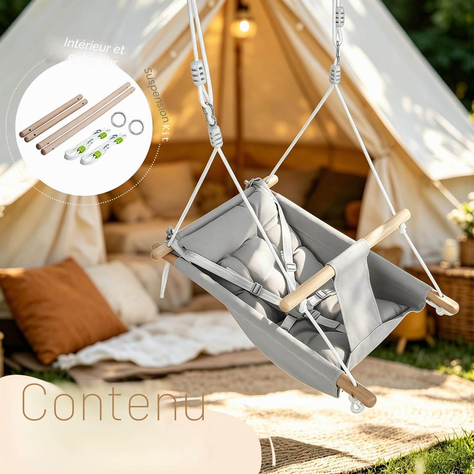 Balançoire bébé 3 en 1, Chaise Suspendue en Bois avec Ceinture de sécurité et Coussin en Coton, hamac-balançoire bébé réglable, balançoire Enfant d'intérieur/extérieur, capacité 60 kg, 6-36 Mois
