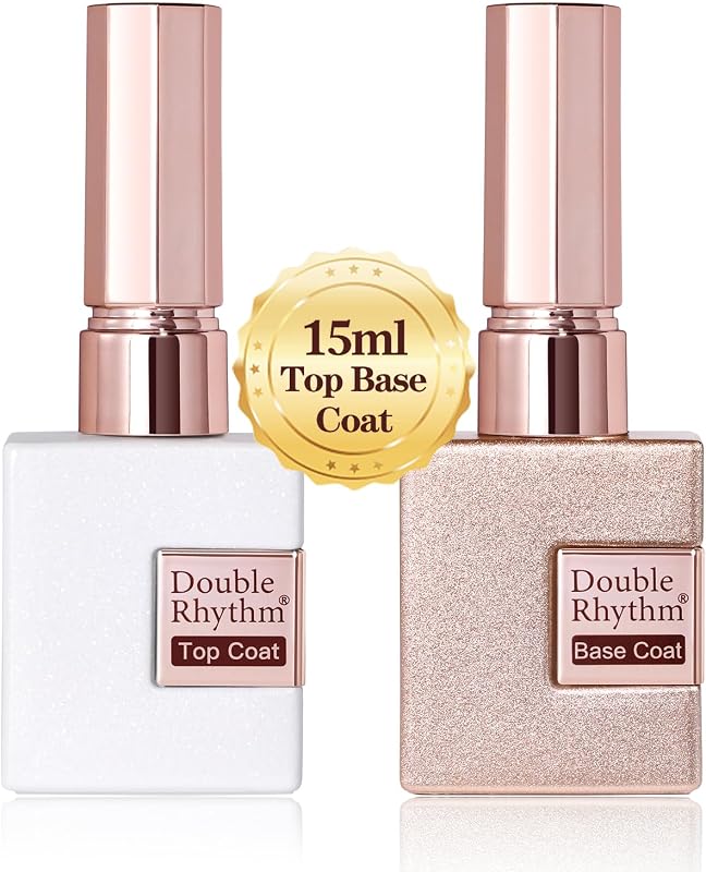 Double Rhythm 2 Pcs 15ML No Wipe Gel Top Coat and Base Coat Set Clear Glossy Gel Polish Kit (Base and Top Coat)