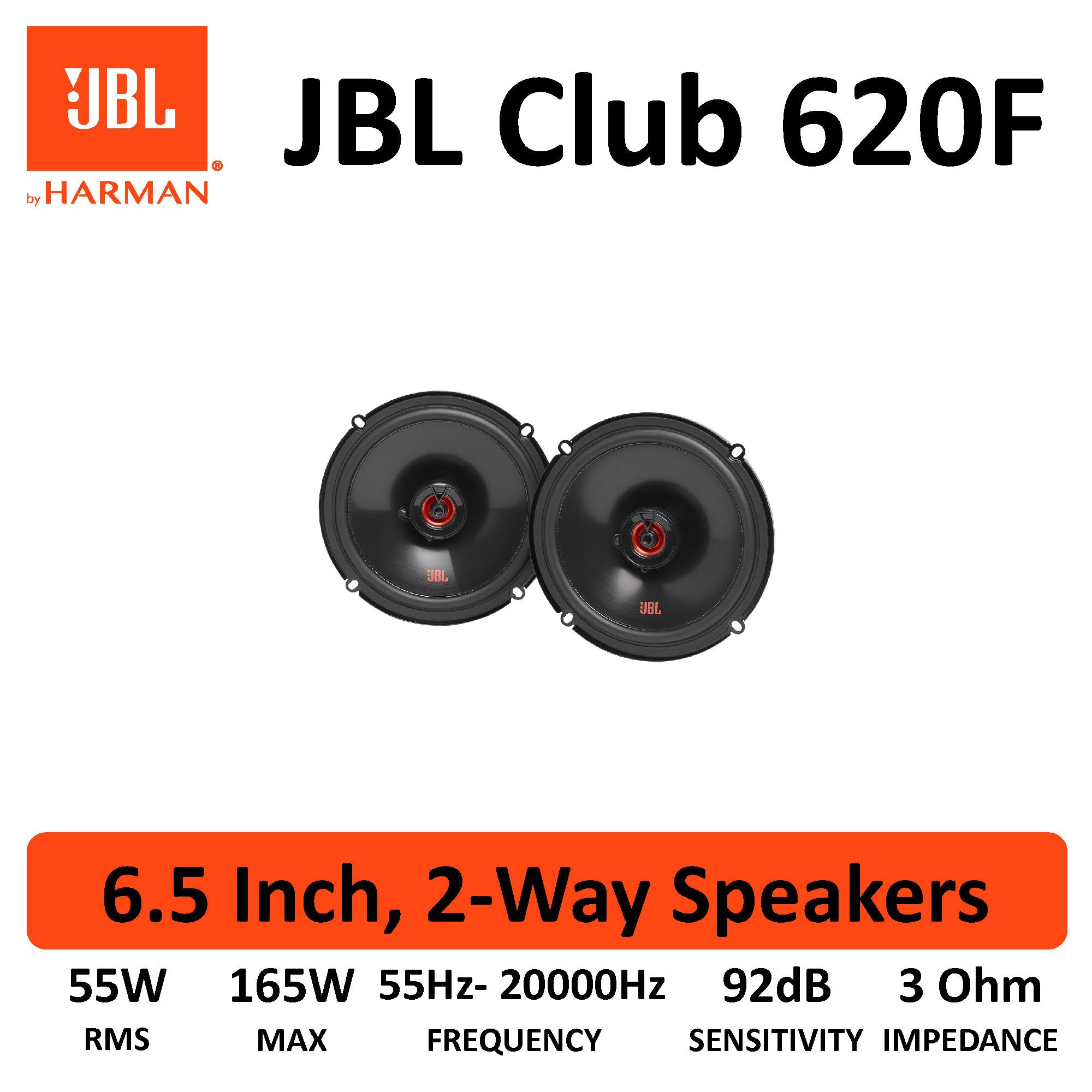 JBL SPKCB620F Altavoces coaxiales de Coche 2 vías 6,5 Pulgadas con 55 W RMS y 165 W Pico, sensibilidad 92 dB, 3 ohmios, 55 Hz–20 kHz, woofer Plus One y Tweeter Pei, diseño Plano
