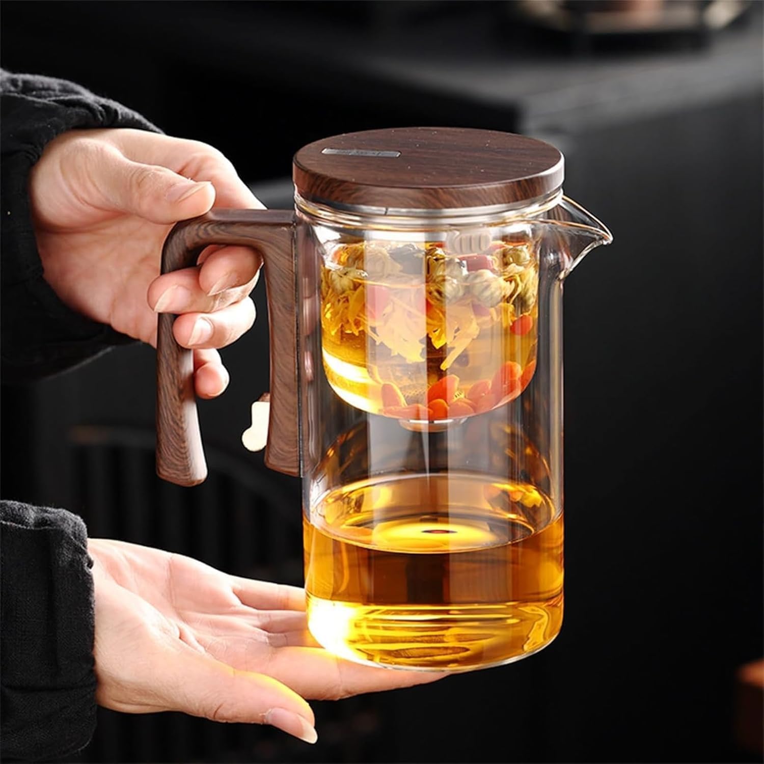 Tetera Enchanti, Tetera de Vidrio con separación de Agua con Mango de Madera, Tetera de Vidrio con infusor, Tetera de Vidrio mágica con Control de Prensa, Tetera mágica Enchantipot,Clear&520ml