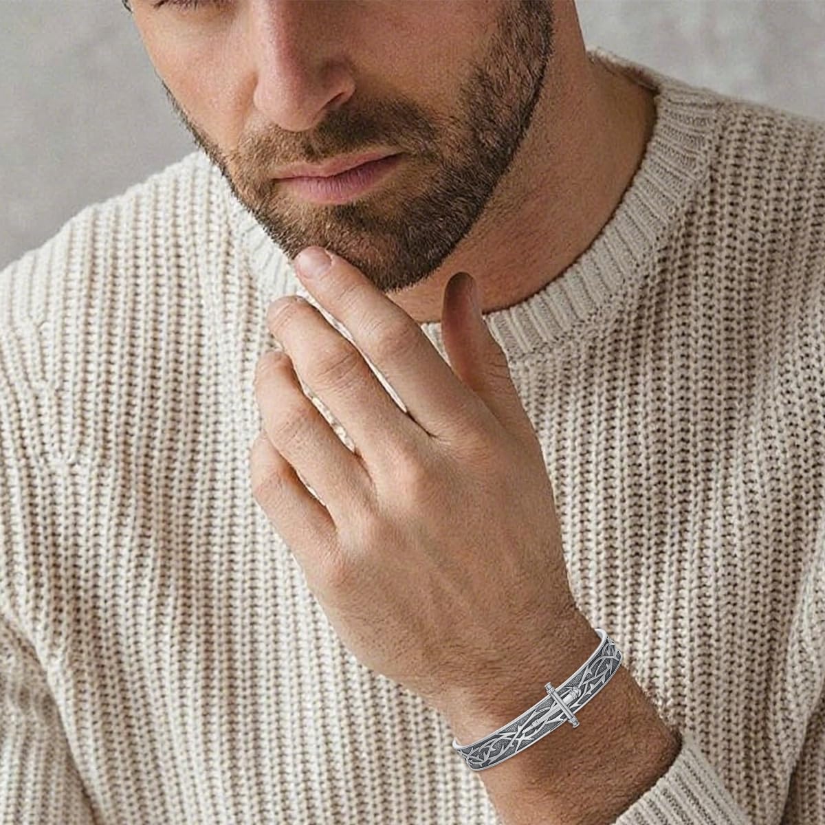Nail Cross Bangle 925 Sterling Silver 10MM Adjustable Crown of Thorn Nails Cross Cuff Bangle Bracelet Christian Jewelry for Men