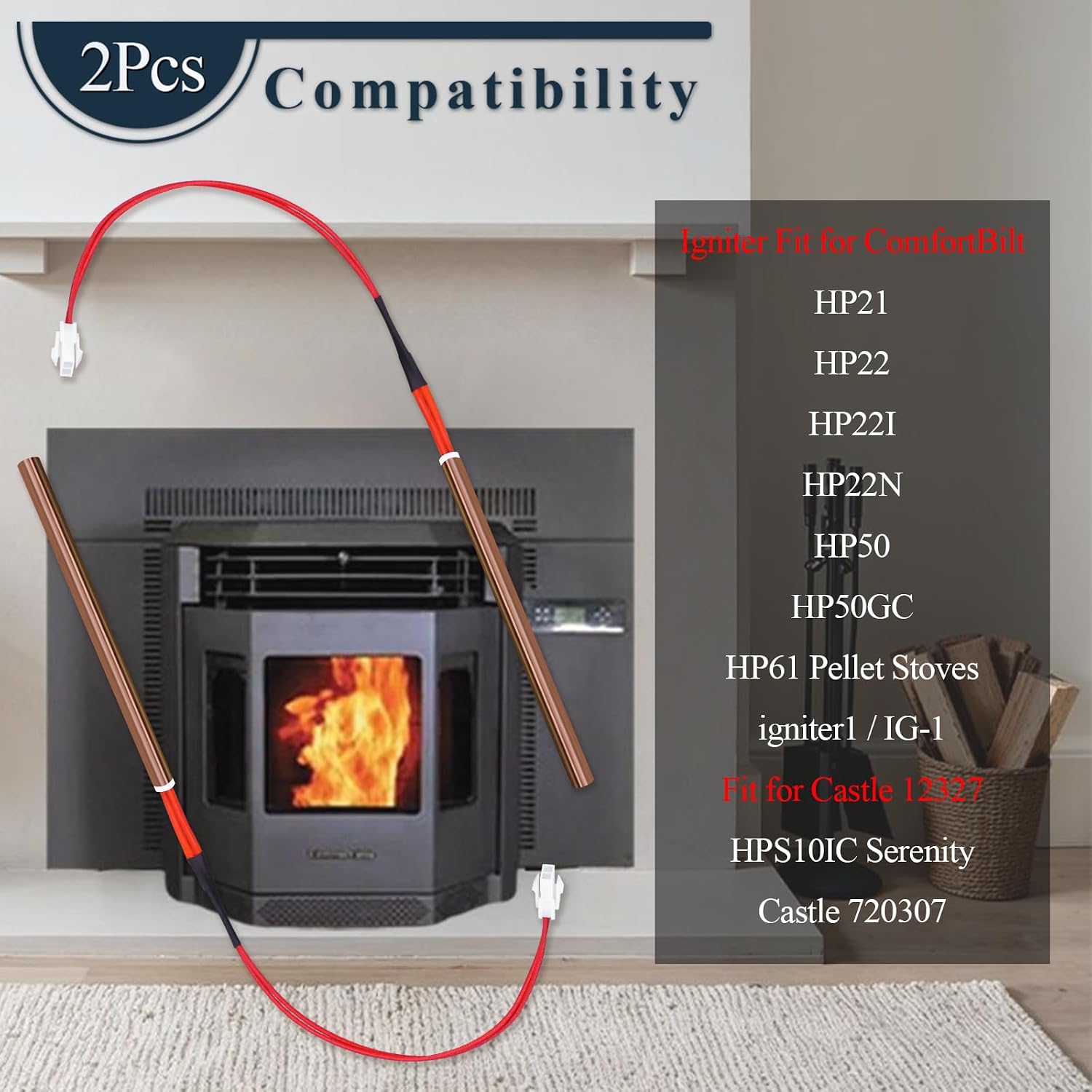 2 Pcs Pellet Stove Igniter Fit for All Models of Comfortbilt/Castle Pellet Stoves, Fits ComfortBilt HP22, HP22I, HP22N,HP21,HP50,HP50GC,HP61 Pellet Stoves & Castle 720307/ComfortBilt igniter1 IG-1