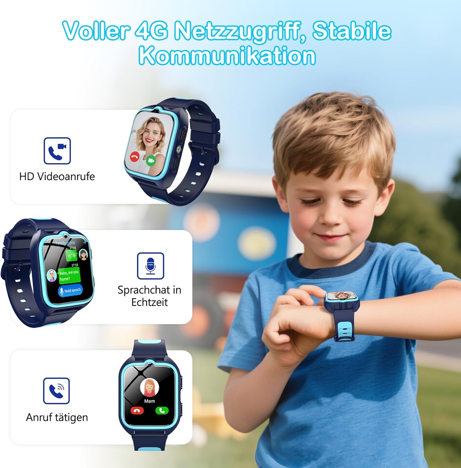 IOWODO Montre Connectée Enfants 4G Wi-FI, GPS, SOS, Enfant Écran HD de 1,83 Pouces, Appels, Appels Vidéo, Chat Vocal, Whatsapp, Étanche IP68, Mode École, Podomètre, Réveil (Bleu)