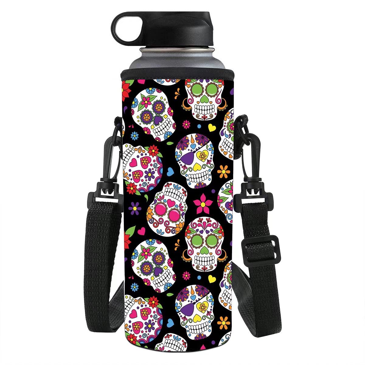 chaqlin Sugar Skull Print Insulated Water Bottle Cover for Ladies Girls Outdoor Cycling Plastic Bottles 500-750ML Neoprene Water Bottle Holder — image 1