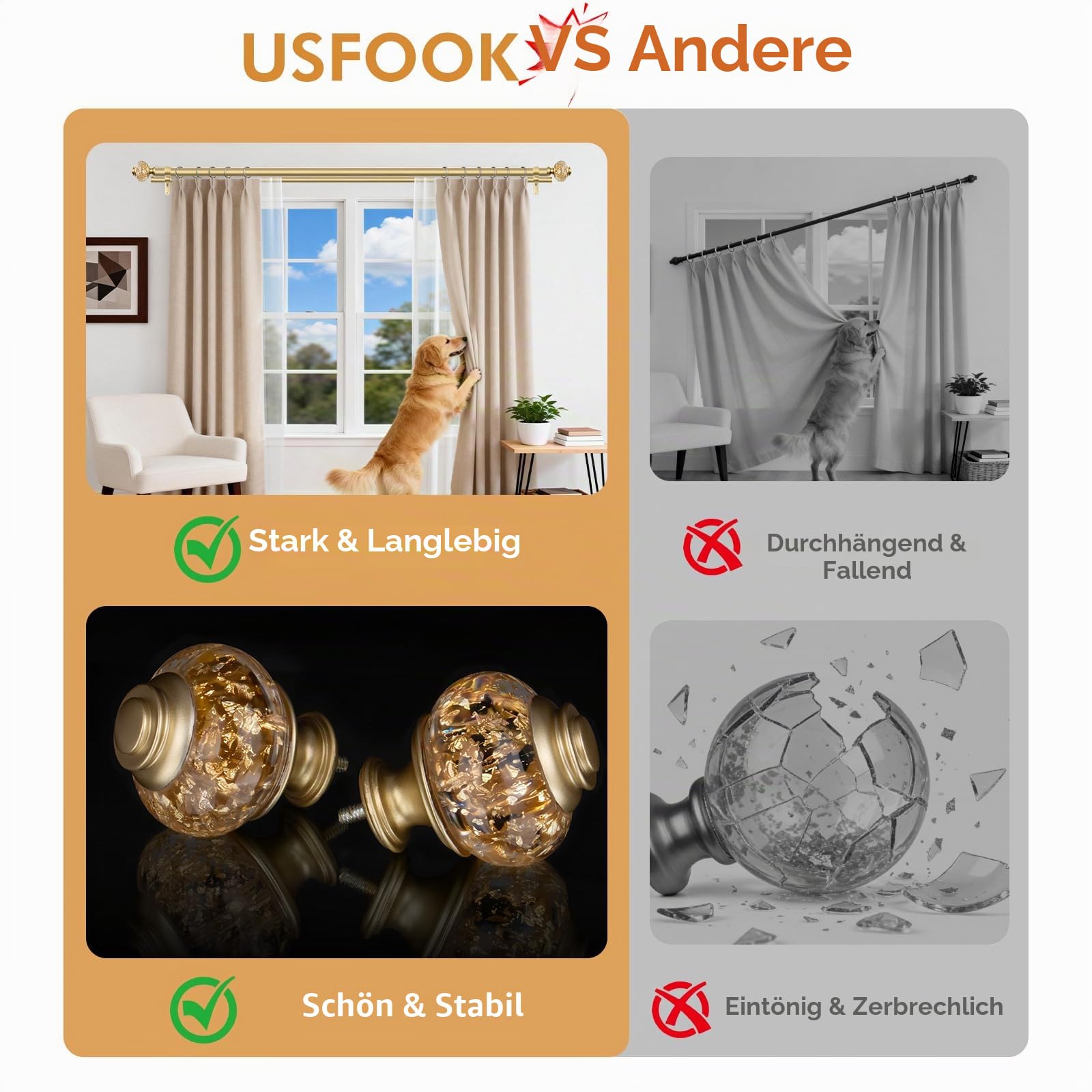 2,5 cm goldene Doppel-Gardinenstangen 91,4 bis 182,9 cm (3 bis 1,8 m), USFOOK Gardinenstangen für Fenster, Teleskop-Doppelvorhangstange mit luxuriösen durchscheinenden Endstücken