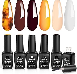 Beetles Winter Gel Polish with Blooming Gel - Amber Attraction 5 Colors Brown Gel Polish White Wine Winter Color Nail Polish Set Clear Blooming Polish Soak Off Uv Nail Art Gfit Set for Women