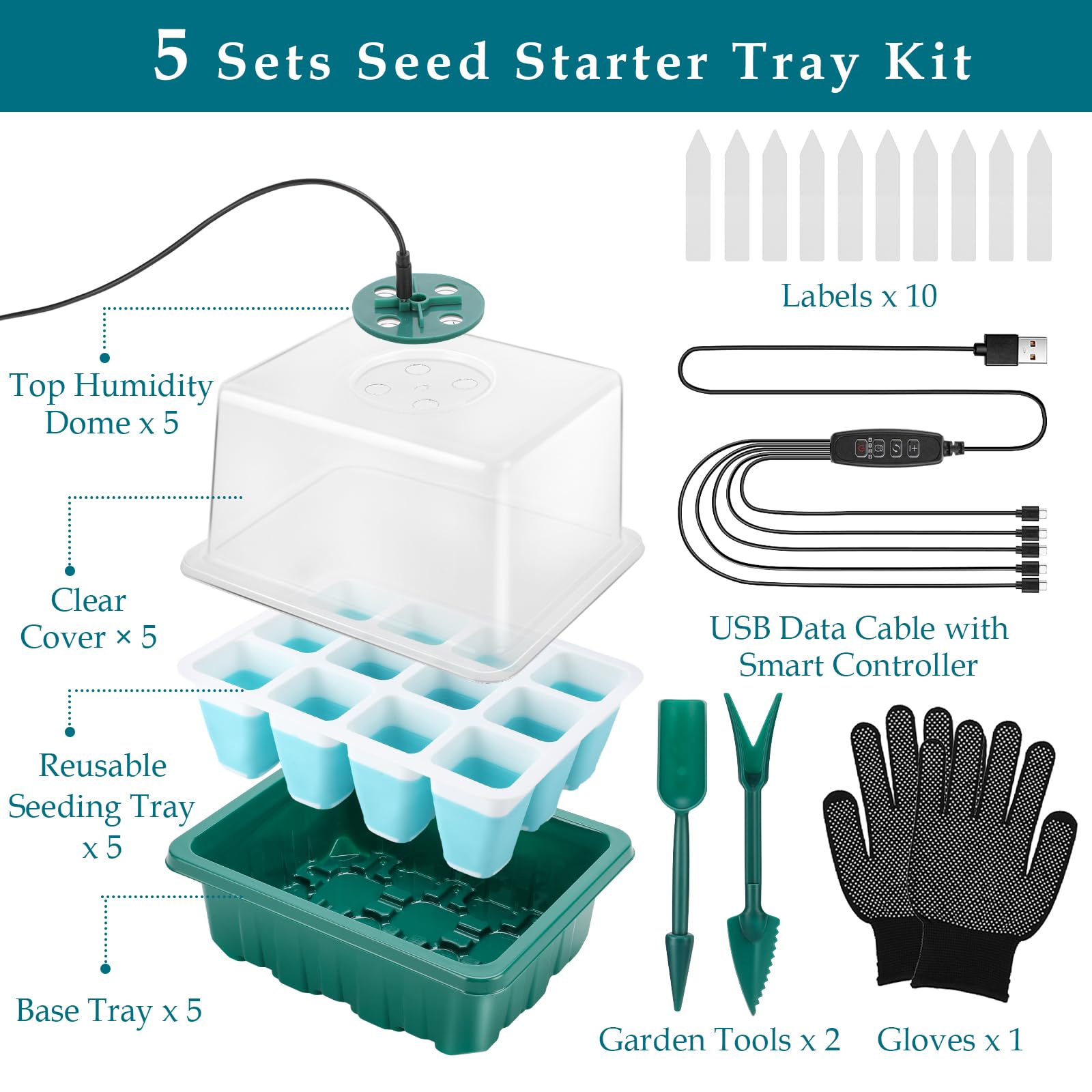 Bandeja de inicio de semillas con luz de crecimiento, 60 celdas flexibles, 5 piezas de kit de iniciación de semillas, bandejas reutilizables para inicio de plántulas con cúpula de humedad y tapa alta,
