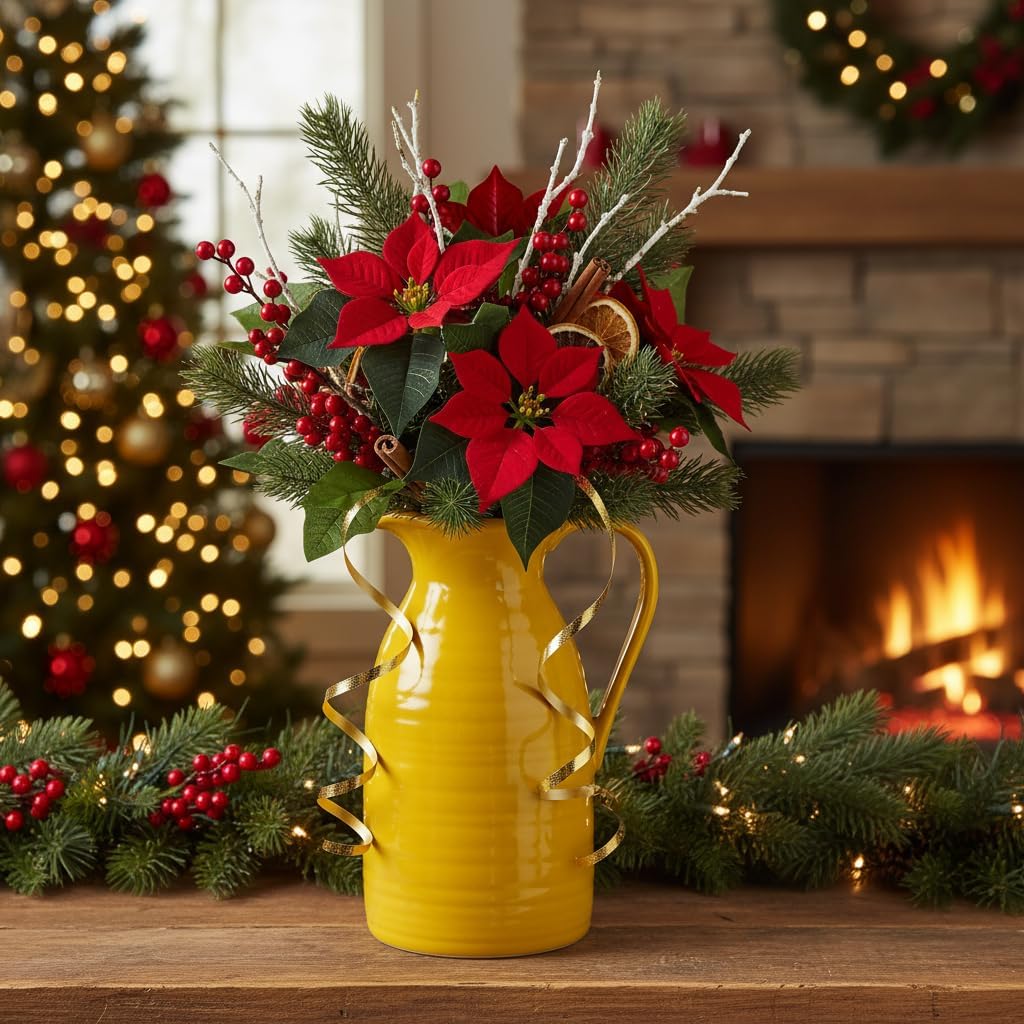 hjn Farmhouse Pitcher Vase for Flowers- Decrative Pitchers White Ceramic Pitcher Yellow Vase for Your Kitchen/Home Decor/Office/Living Room/Bookshelf/Mantel/-Yellow - Image 8