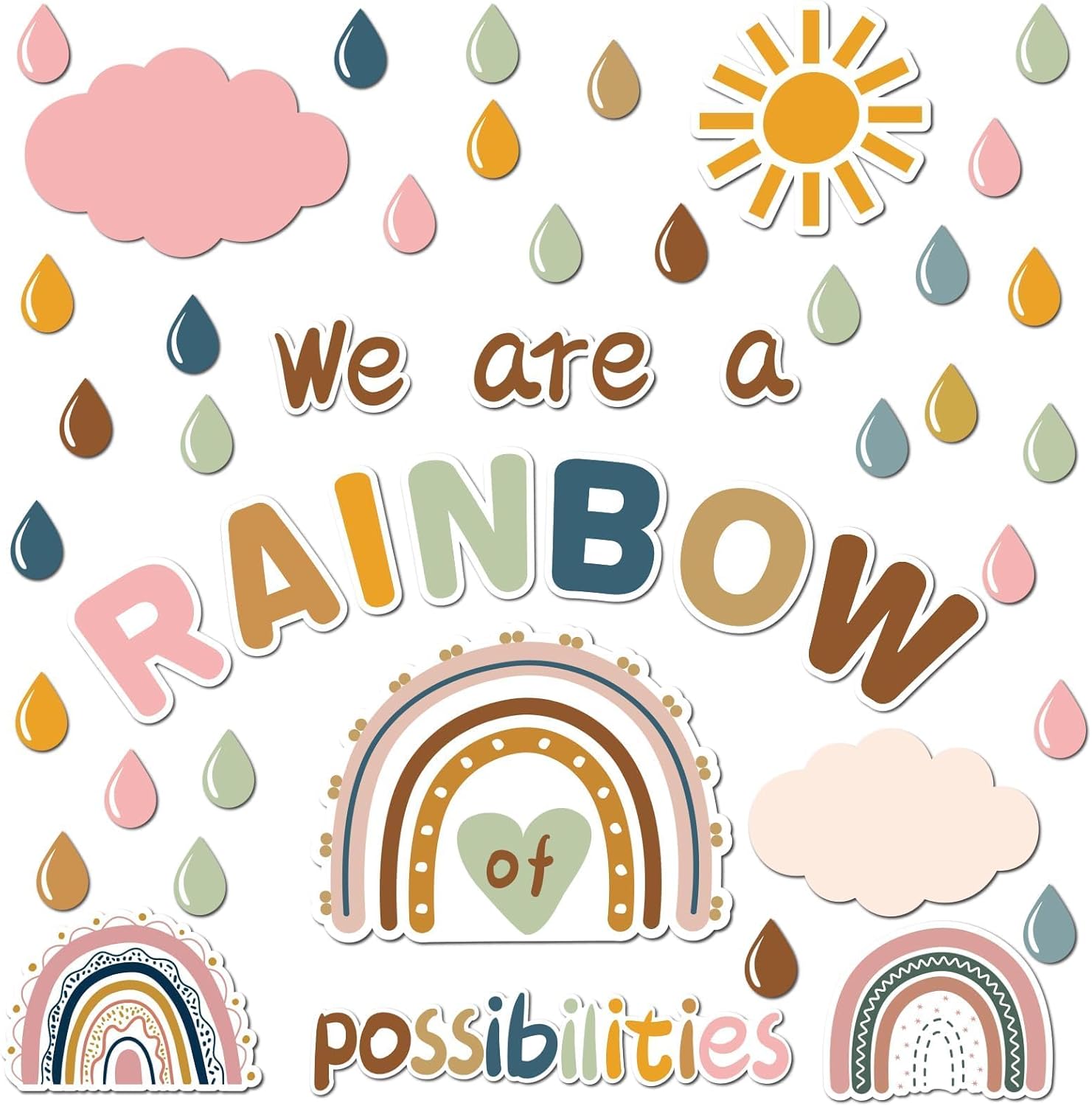 Boho Rainbow Bulletin Board Set Decorations We are A Rainbow of Possibilities Cutouts Motivational Back to School Wall Decals Clouds Raindrops Sun Paper-Cuts for Classroom School Office Decor Supplies
