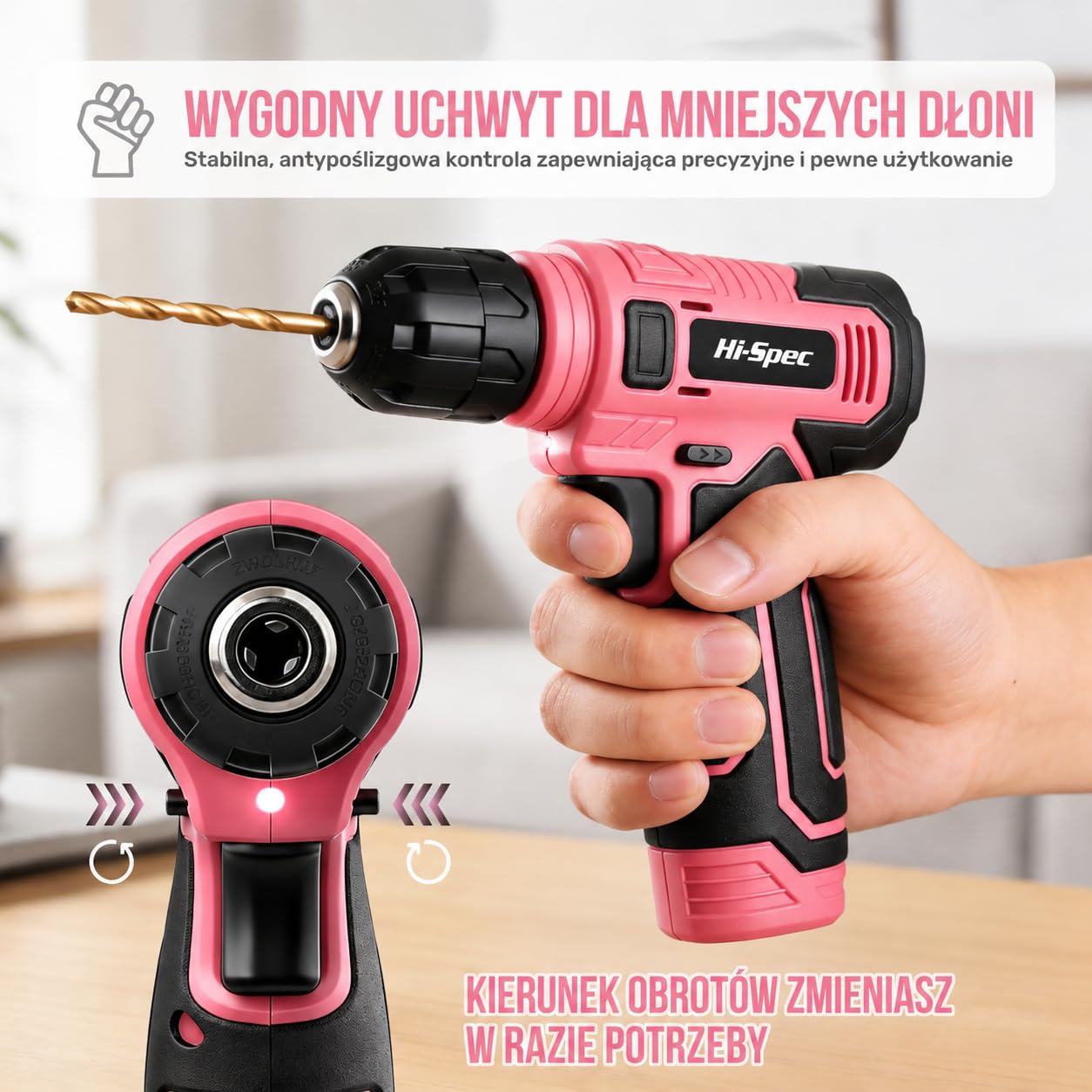 Hi-Spec Różowa Wiertarko-Wkrętarka Akumulatorowa 8V USB z Zestawem Bitów – Bezprzewodowy Elektrowkrętak dla Kobiet z Zestawem do Montażu Ściennego
