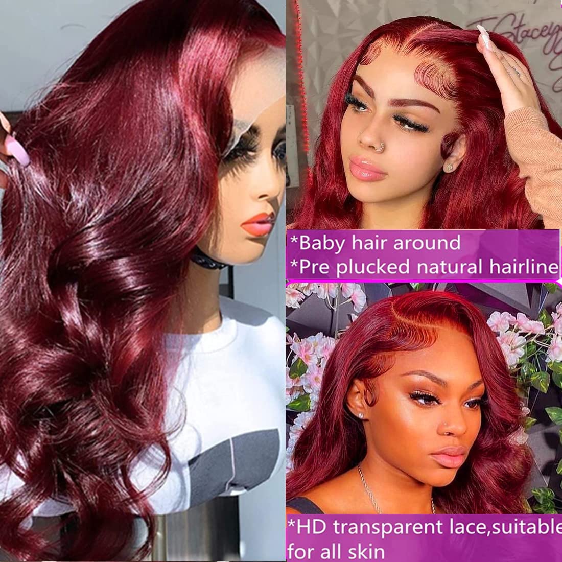 MISSJAY 18 inch Burgundy Lace Front Wigs, Body Wave Glueless HD Lace Frontal with 13x6 Hd Lace Front and 180 Density