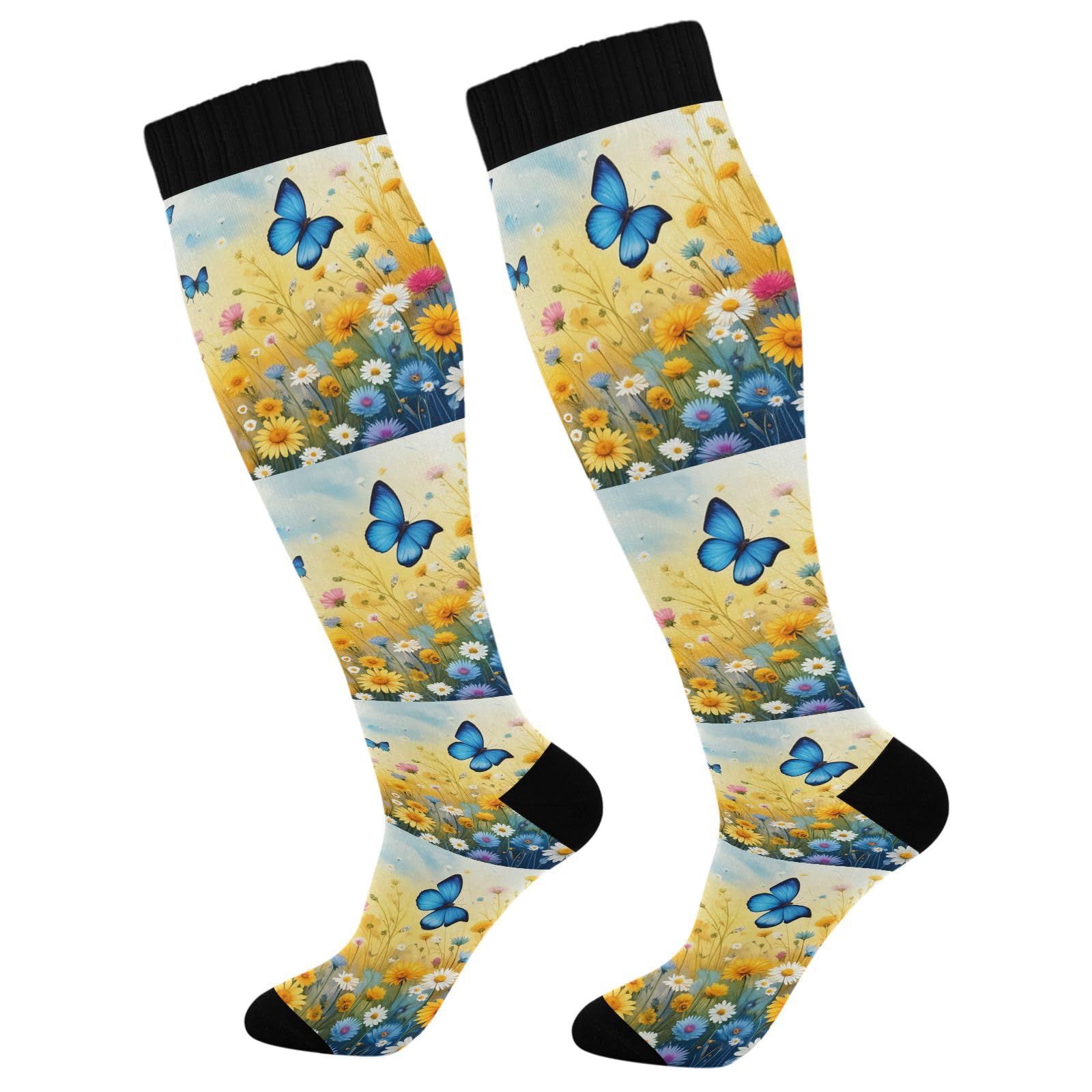 Wassud Wildflowers Summer Compression Socks for Women and Men 20-30 mmHg Knee High Socks for Nurses Travel Socks 2 Pair