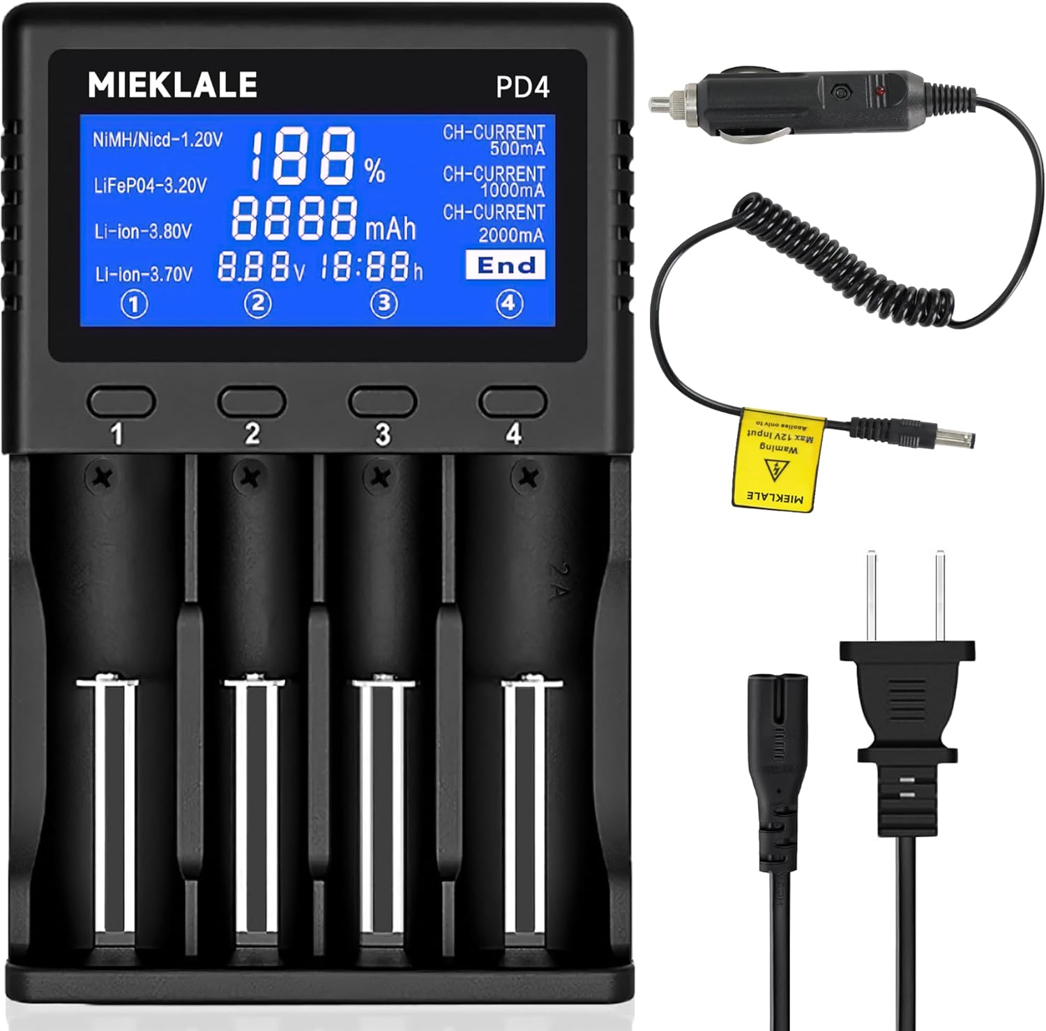 18650 Battery Charger, MIEKLALE 4-Bay Universal Battery Charger with Smart LCD Display Fast Charge for Rechargeable Batteries Li-ion LiFePO4 26650 18650 16340 10440 14500 RCR123,NI-MH NI-Cd AA AAA