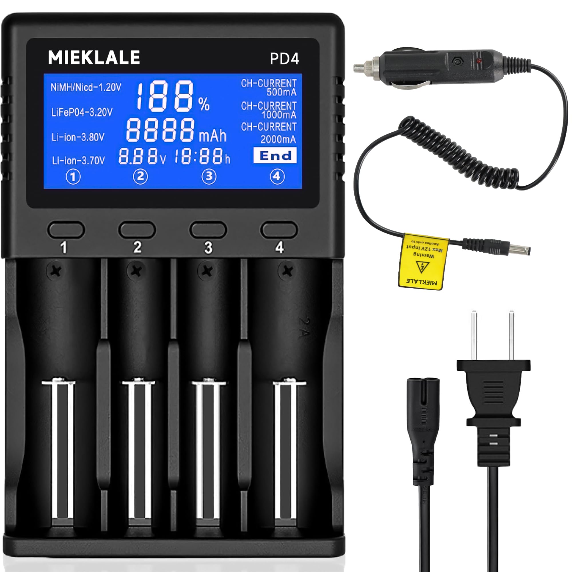 18650 Battery Charger, MIEKLALE 4-Bay Universal Battery Charger with Smart LCD Display Fast Charge for Rechargeable Batteries Li-ion Ni-MH/Cd LiFePO4 21700 26650 18650 16340 10440 AA AAA