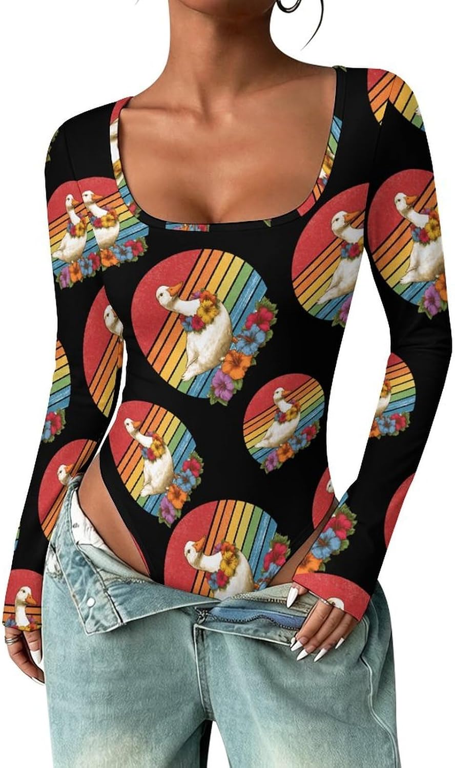 Vintage Duck Farm Animal Women's Bodysuits Long Sleeve Top 5XL