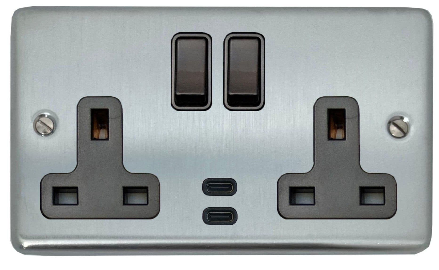 G&H Brassware G&H Csc913b Standard Plate Satin Chrome 2 Gang Double 13A Plug Socket Dual 4.2A Usb C