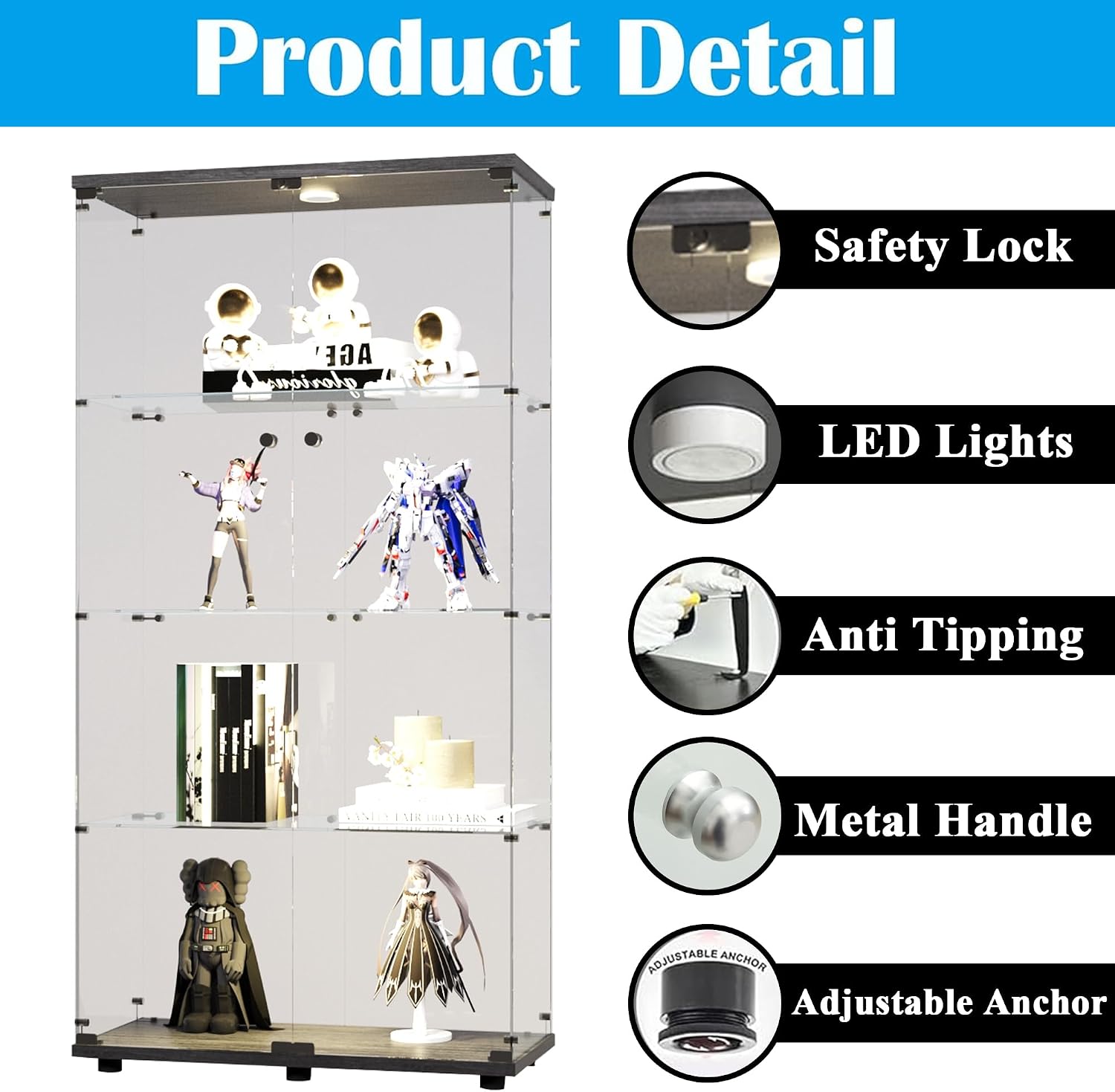 4-Shelf Glass Display Cabinet with LED Lights & Lock,Curio Cabinets Display Case with 2 Door,Tempered Glass Collection Display Showcase for Living Room,Exhibition Hall 64.7"x 30.9"x 13.6" Black