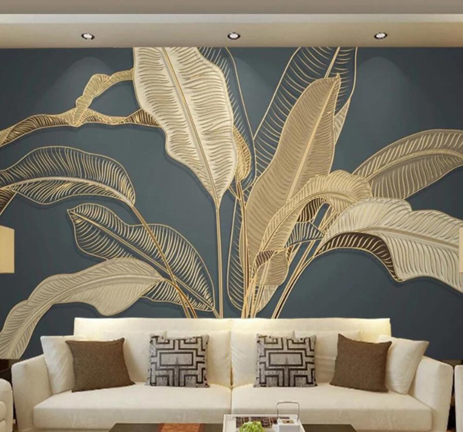 Tzxztt 300Cm×210Cm(B×H) Minimalist Fresh Embossed Vintage Gold Thread Banana Leaf Modern 3D Wallpaper Premium Textured Silk Neutral Tones Material Ideal For Living Room Bedroom-300Cm×210Cm