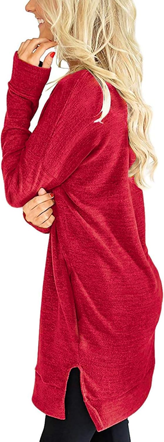 LERUCCI Long Sleeve Tunic Tops for Women Casual Long Sleeves Solid V-Neck Sweatshirt with Pockets Red XXL - Image 3