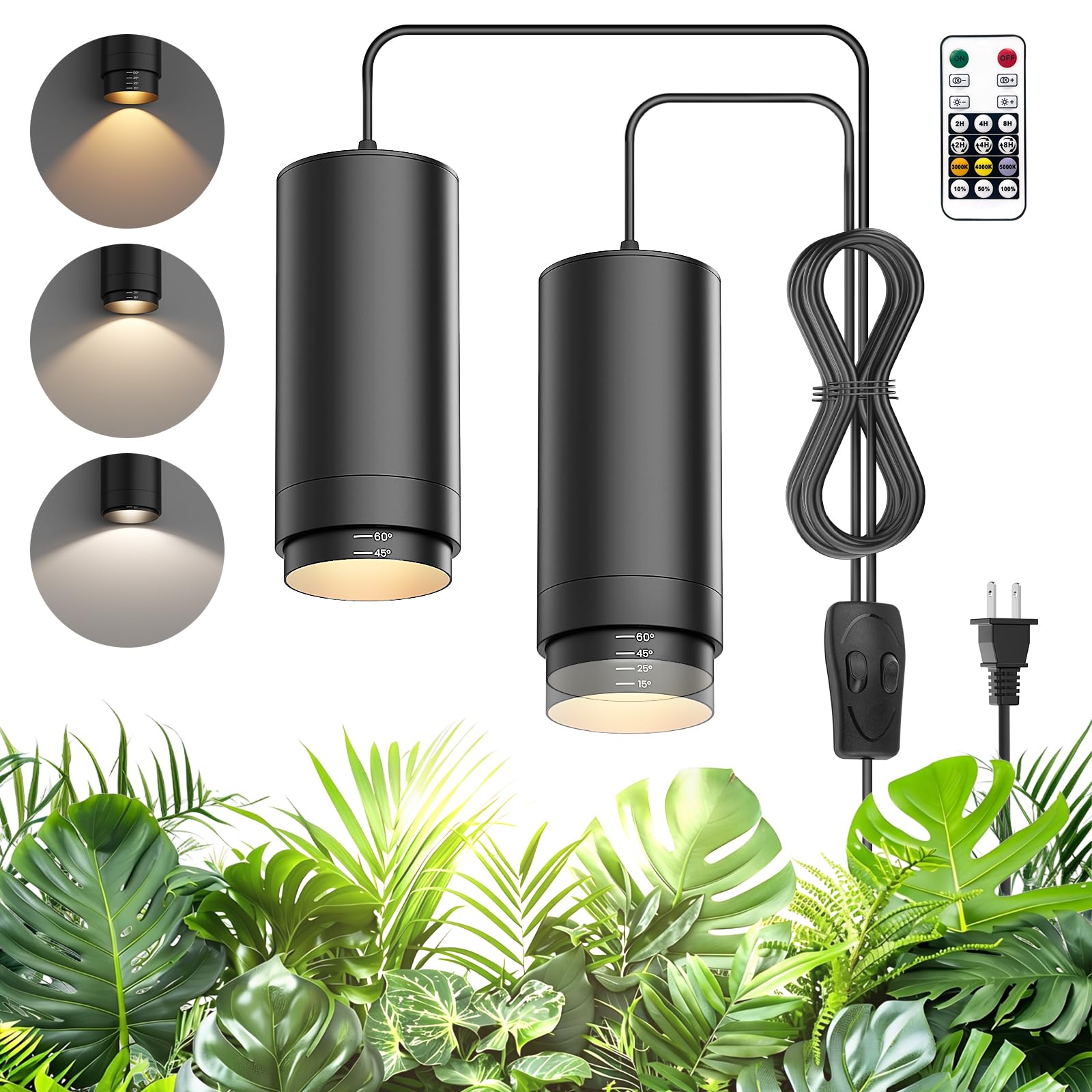 Luces colgantes remotas con zoom y temporizador de encendido/apagado automático, 2 luces LED de espectro completo de 30 W, 2700 K-6000 K, regulables, para plantas de interior, cable de