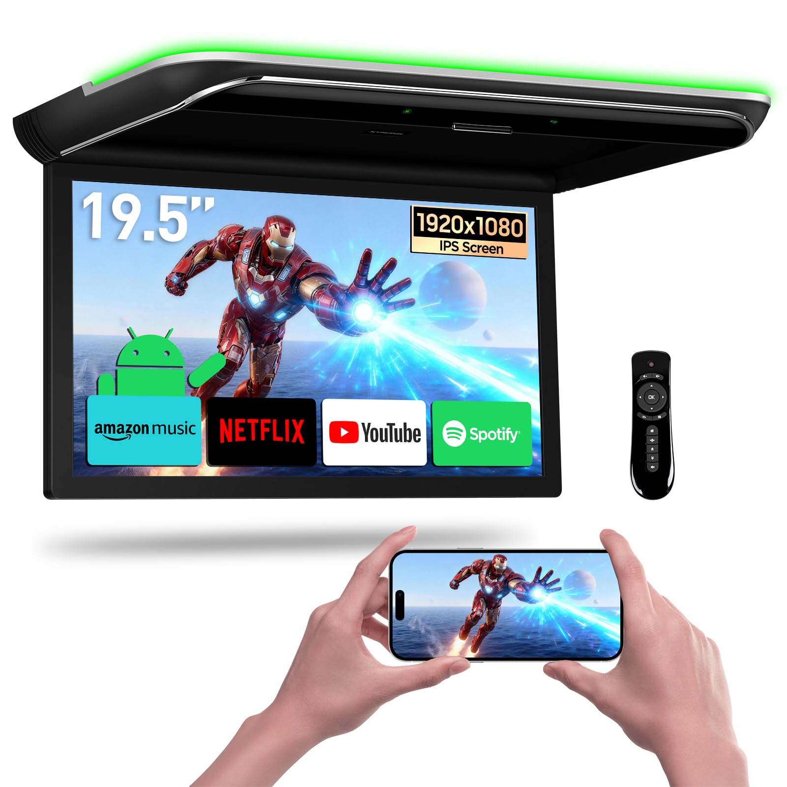 XTRONS 49,5 cm (19,5 Zoll) Android 14 Auto Overhead Flip Down Mount Monitor FHD IPS Bildschirm Octa-Core 4+64GB Autodach Multimedia-Player Auto Video mit überlegenem Sound Unterstützung HDMI/USB/AV/IR