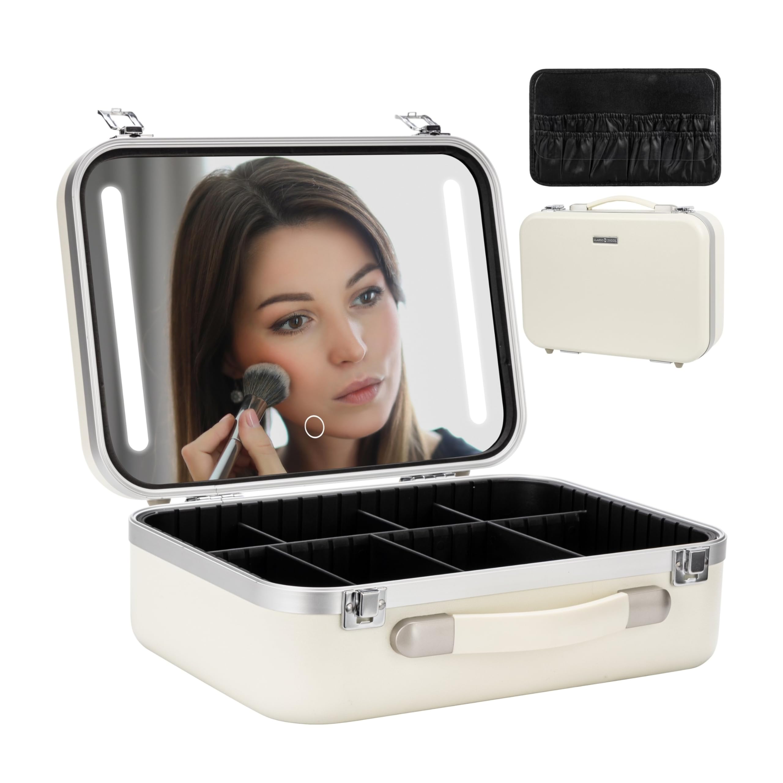 Sponsored Ad - Lighted Makeup Case with Mirror - Large Size 13.4" x 10.2" - Travel Makeup Case With Mirror - Rechargeable LED Travel Vanity Case with Adjustable Brightness - Train Case Makeup Bag - White