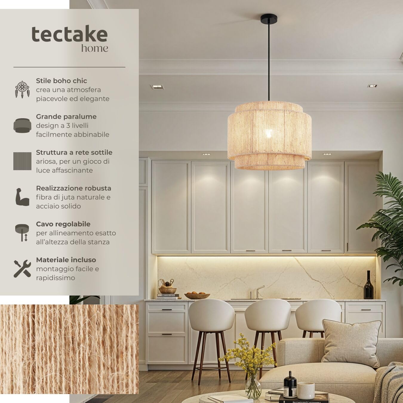 tectake® lampada a sospensione boho chic, lampadario cucina in juta a 3 livelli, paralume intrecciato E27, plafoniera soffitto, lampadario soggiorno, salotto, arredamento casa, 40W - Ø 46 x 32 cm