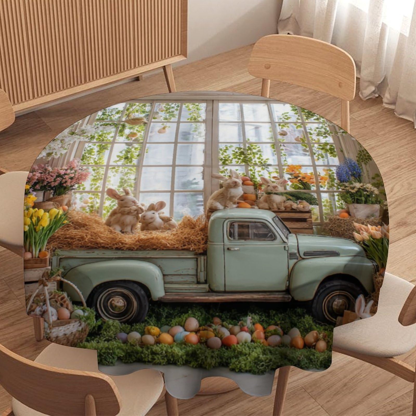 LUYYSKY Fantasy Classic Colorful Eggs Round Tablecloth Modern Aesthetic Easter Spring Floral Blue Truck Pattern Washable Decor for Table Cover for Kitchen-177.8" Wx177.8 L cm