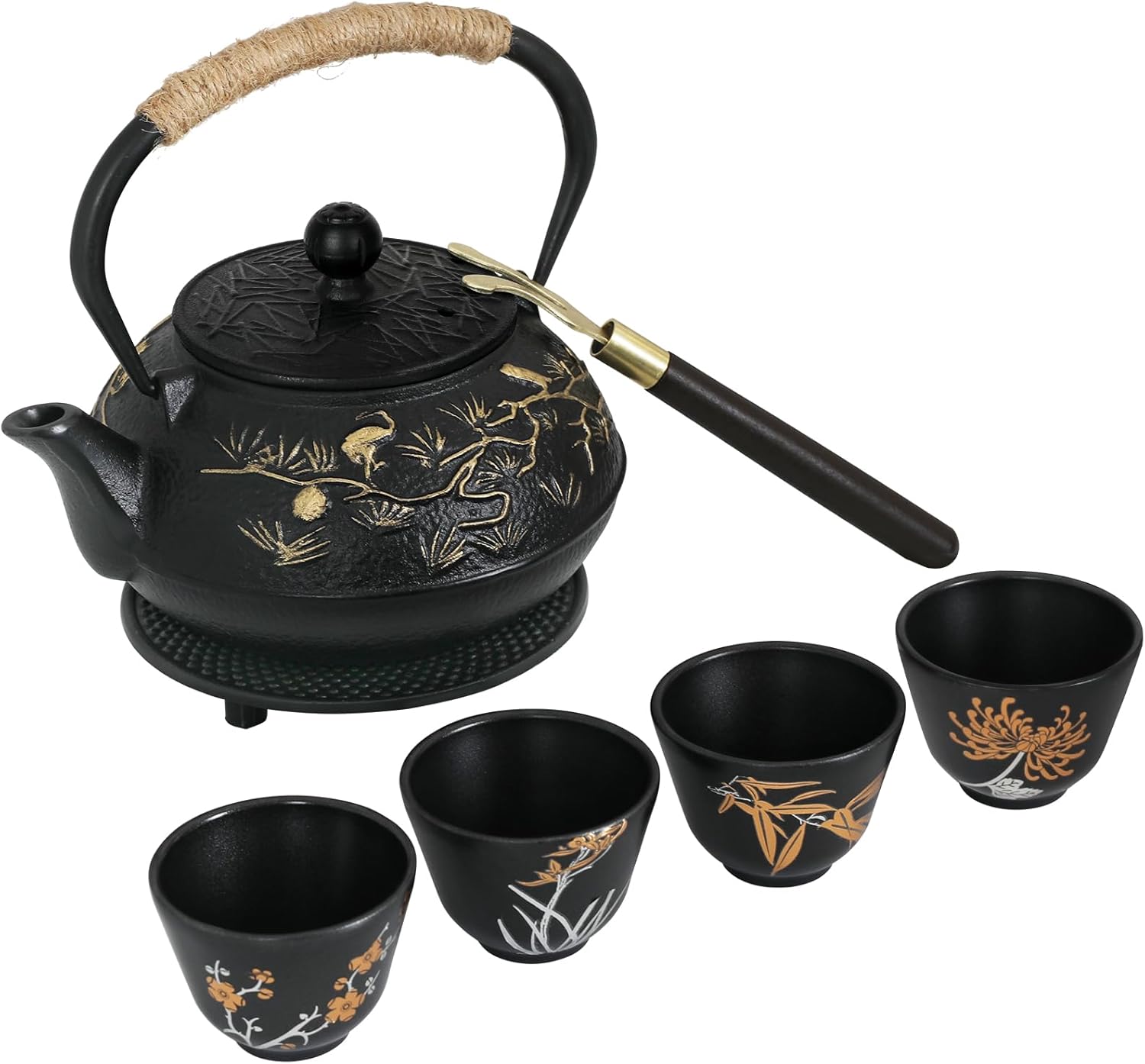 Japanese Cast Iron Tea Kettle, Pine & Crane Teapot with Removable Infusers for Loose Tea, Stovetop Kettle with Enamel Interior & 4 Stainless Steel Tea Cups, 28oz, Black