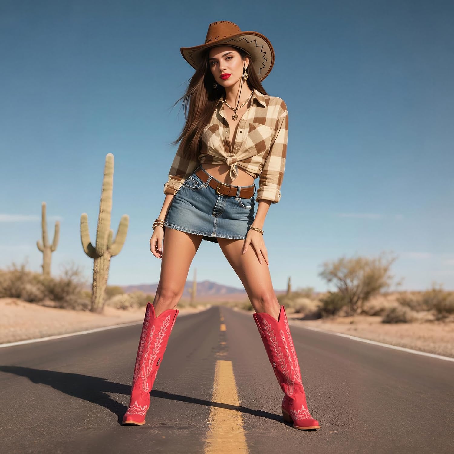 Womens Cowboy Boots Knee High Embroidered Cowgirl Adjustable Lace Up Western Boots