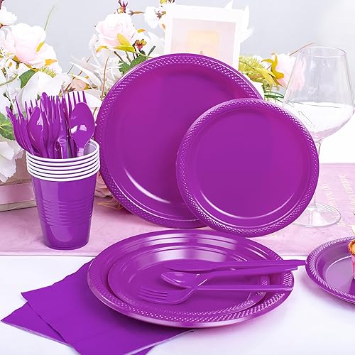 Miniatura 4 de WELLIFE 210 piezas de suministros de fiesta morados, juego de vajilla de plástico morado, incluye platos y servilletas de plástico morado, cubiertos