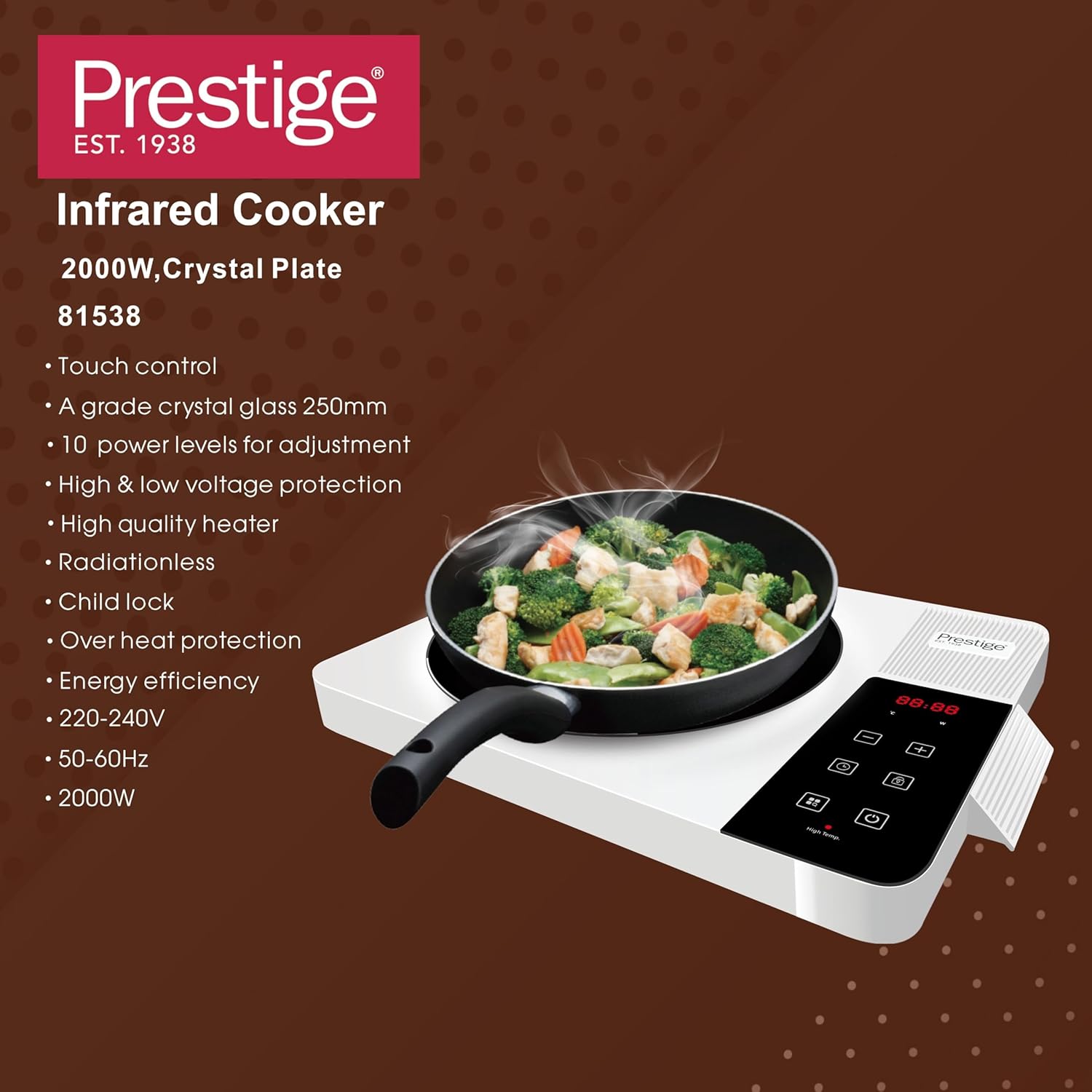 Prestige Infrared Cooker PR81538 with a list of its key features and specifications.