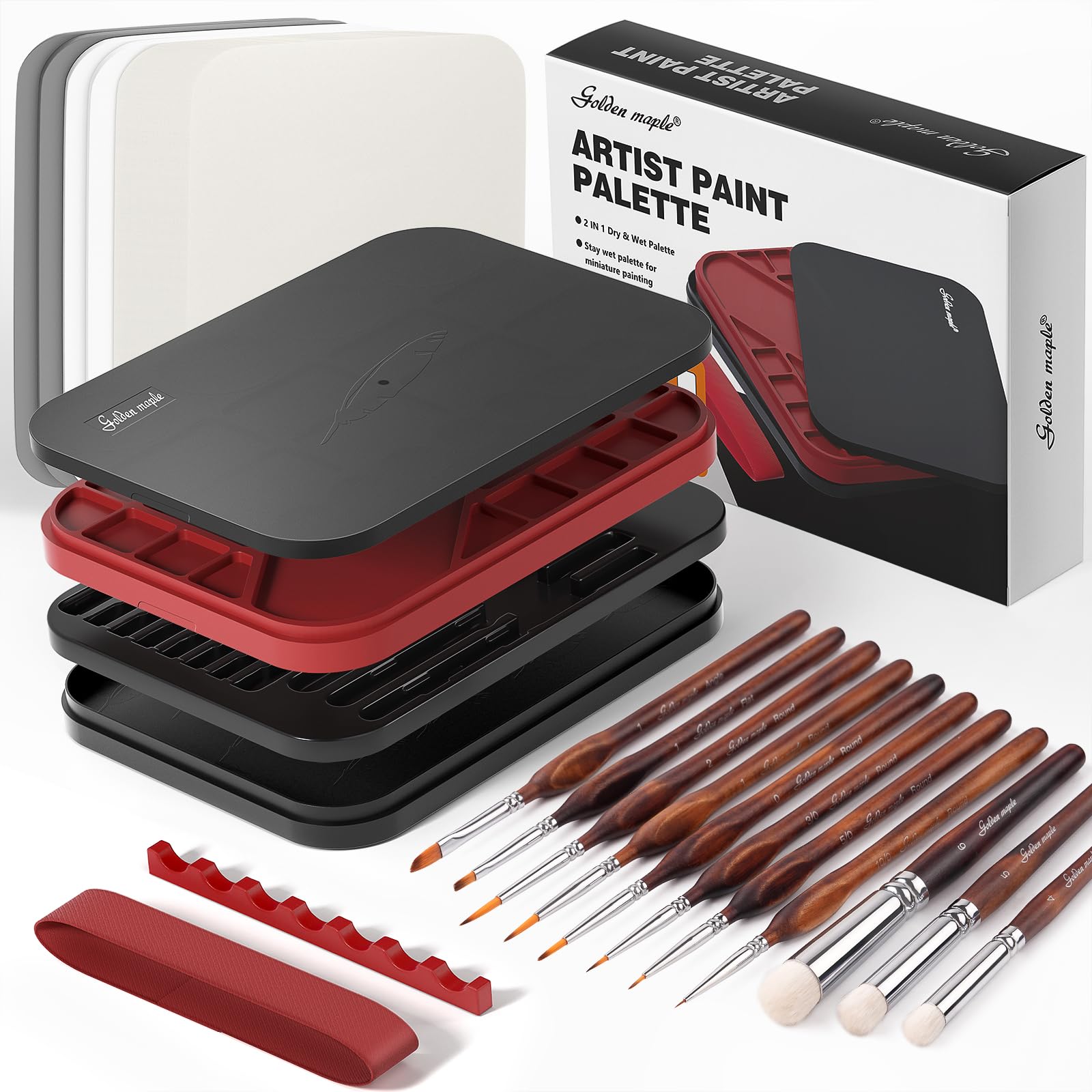 Golden Maple Kit di pittura in miniatura con tavolozza bagnata, 11 pennelli per dettagli, pennello a secco, 100 fogli di carta per pallet bagnati, 4 spugne, porta pennelli per mescolare la vernice