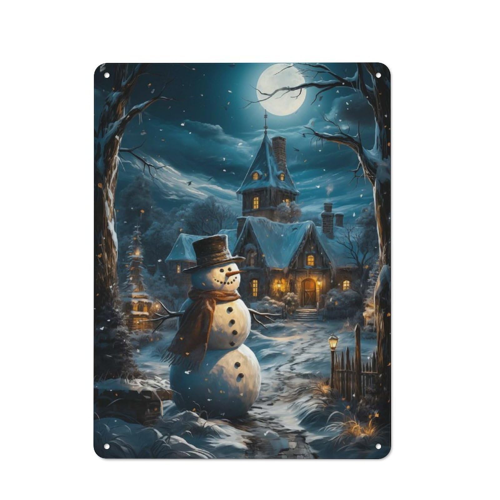Vintage Snowman at Night Decorative Metal Plaque 40x30cm, Garden Room Wall Plaque for Shed, Garden Room, Porch Or Garage