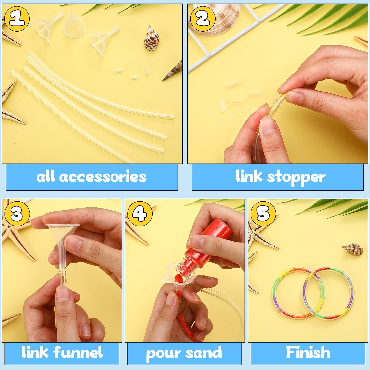Libima 53 Pcs Sand Art Kits Include 48 Clear Hollow Plastic Bracelet with 5 Plastic Small Funnel for Art Crafts and Summer Party Favors, Not Include Sand