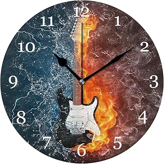 AUUXVA Ice Fire Rock Music Guitar Wall Clock Silent Non Ticking Round Clock for Bedroom Living Room Office Home Decor