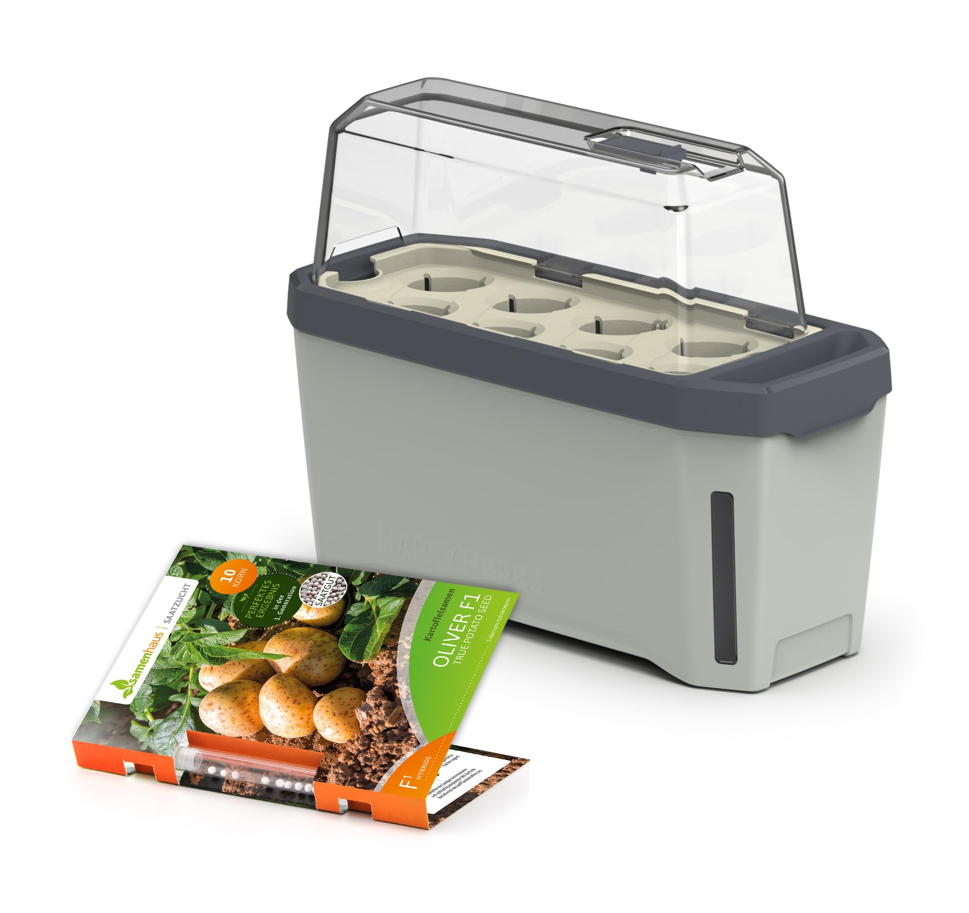 FLORTUS Anzuchtset Kartoffeln mit Kräutertopf Harry Herbs grau | Pillensaat Oliver F1 & Mini Gewächshaus mit Bewässerungssystem | Alternative zu Pflanzkartoffeln