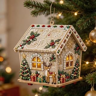 QUNZIDRESS 3D Christmas Pearl DIY Wooden House Art Kit for Adults | DIY Handmade Four-Sided Holiday Ornaments, Pearl Bead Details, Xmas Tree Tabletop & Hanging Decorations Home Crafts Gift