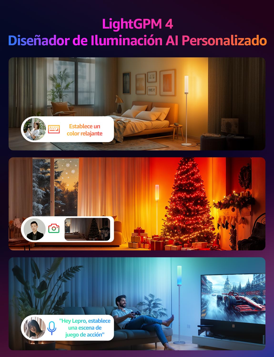 Lepro O1 AI Lámpara de Pie LED, Lámpara de Pie WiFi, Luz Blanca 1800LM, Sincronización Música, Fonciona con Alexa/Google Home, RGB + CCT, Diseñador de Iluminación AI Personalizado para Sala, Leer, TV