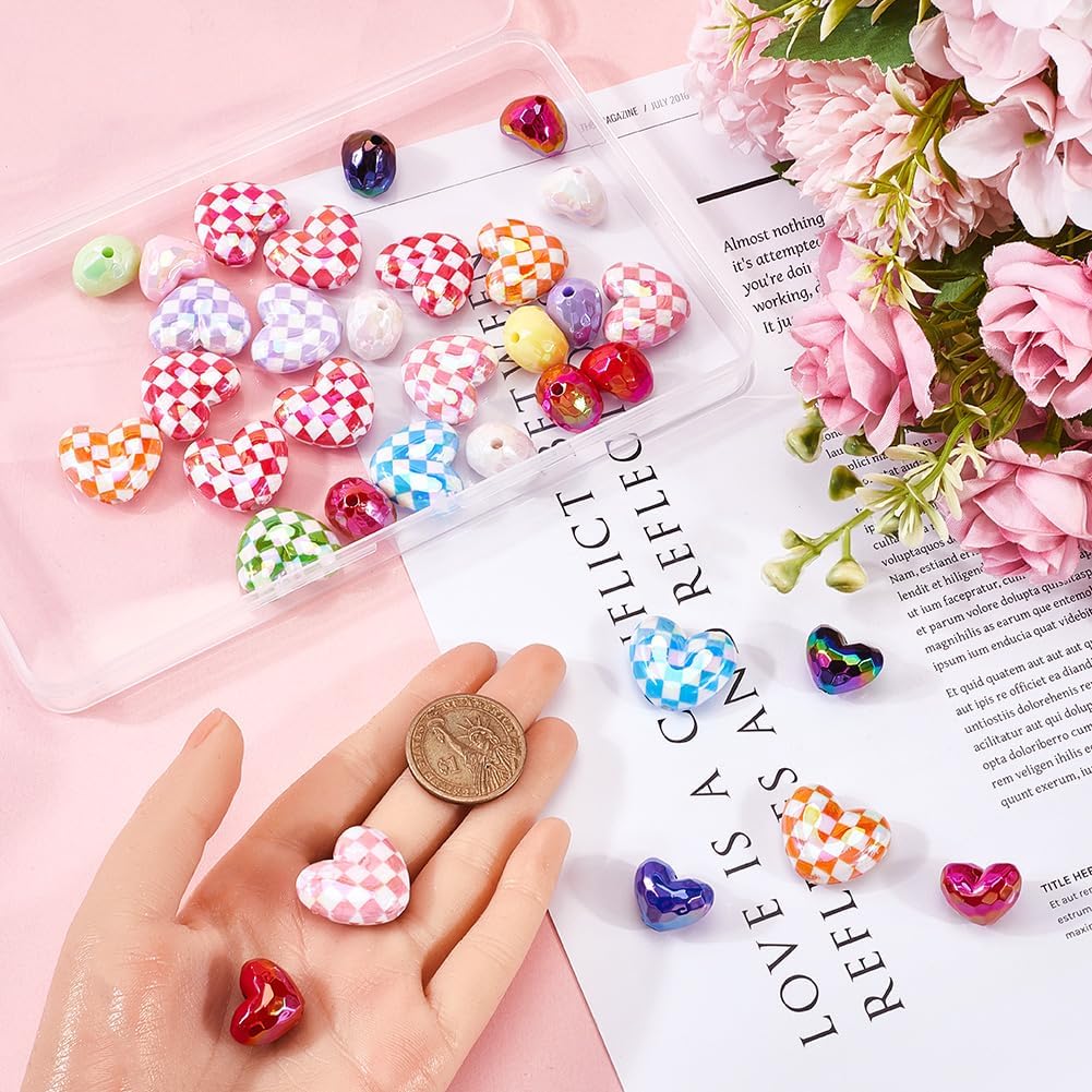 1 Box 40Pcs Acrylic Heart Bead Colorful Shaped Beads Bulk UV Plating Iridescent Plaid Hearts Love Shape Small Loose Spacer Beads for Jewelry Making Bracelet Necklace DIY Crafts Accessories