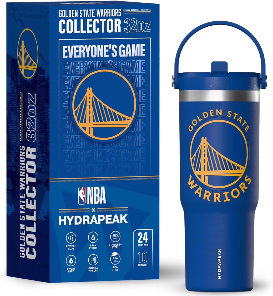 Hydrapeak x NBA Officially Licensed Golden State Warriors 32oz Nomad Stainless Steel Tumbler with Handle and Straw Lid, Leakproof Water Bottle in Limited Edition Collector's Gift Box