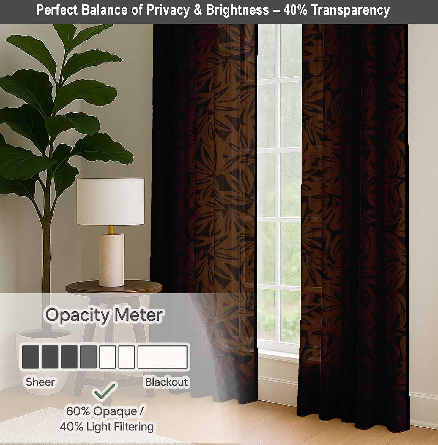 Cotton Curtains for Windows - 3-in-1 Rod Pocket/Back Tab Short Window Drapes - Light Filtering Cotton Panels - Set of 2, 52"x63" - Hand Drawn Floral Design (Brown)