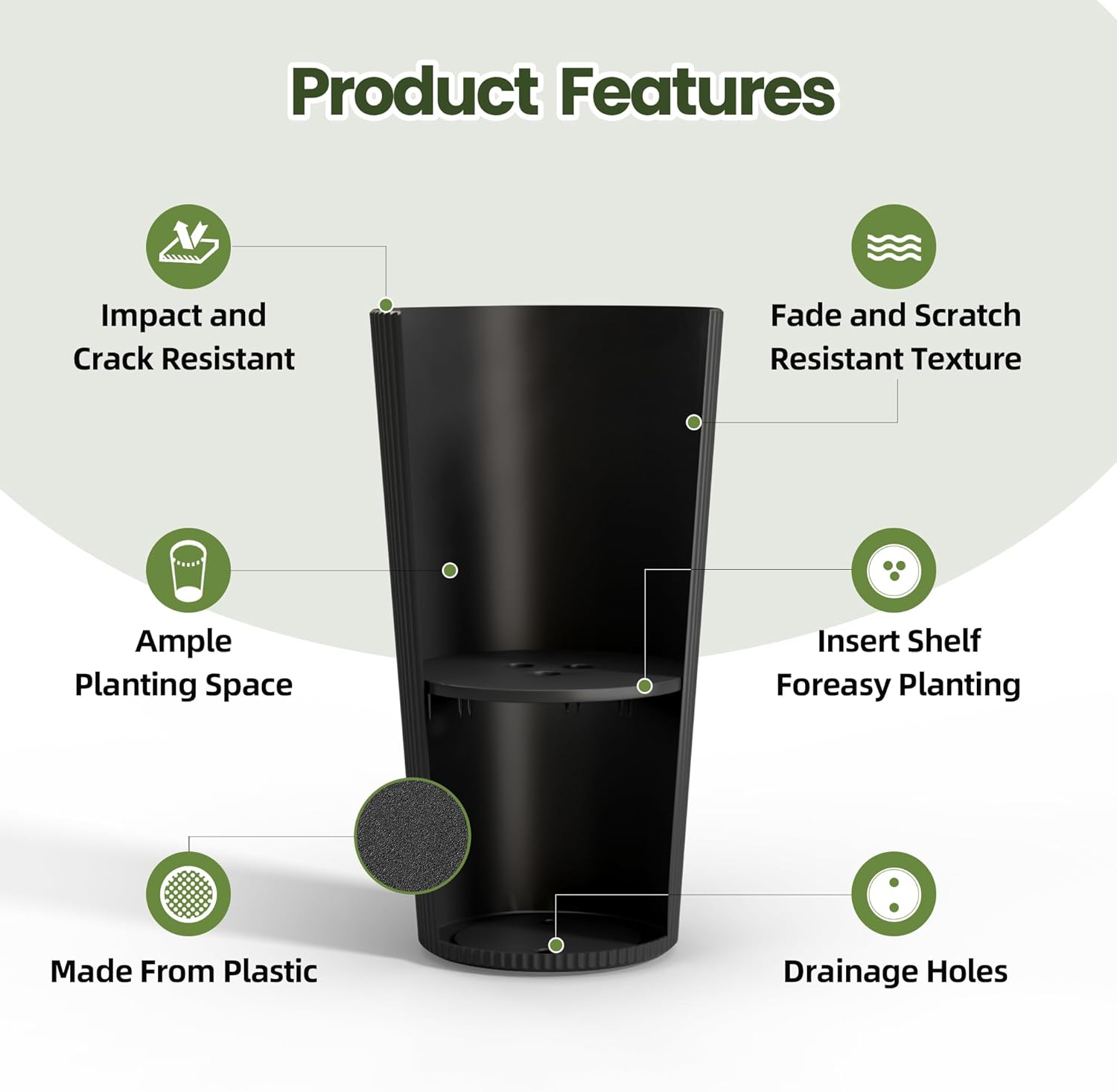 23.6" H Tall Planters for Outdoor Plants Set of 2 - Fluted Large Outdoor Planters for Front Porch Decor with Drainage Hole, Plastic Round Conical Flower Pots Fits Indoor Plants Patio, Black