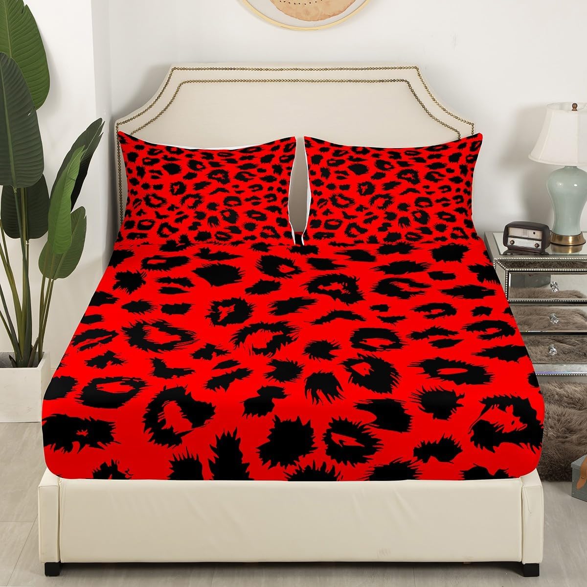 Cheetah Print Bed Sheets Queen,Red Black Leopard Bedding Sheets For Girls Boys Women Teens Bedroom,African Safari Animal Print Bed Sheet Set Retro Wildlife Fitted Sheet + Flat Sheet + 2 Pillow Cases