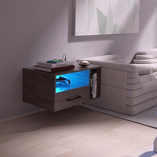 Miniatura 7 de Bloddream Mesita de noche flotante con estación de carga y tiras de luz LED, mesita de noche de 23.6 pulgadas con cajones, mesita de noche flotante