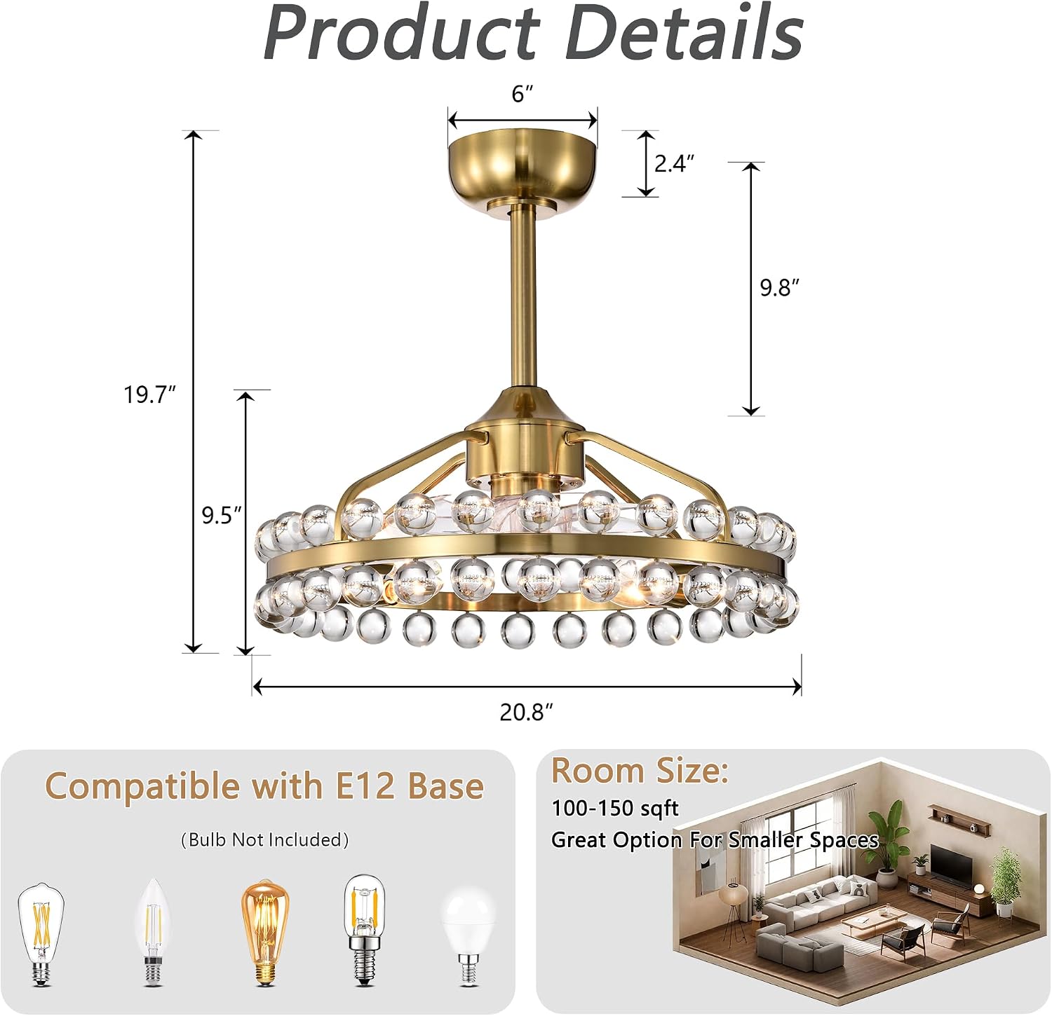 Maxax 21" Crystal Ceiling Fans with Lights and Remote,Modern Caged Ceiling Fan with Light,Yellow Bronze Flush Mount Ceiling Fan with Reversible 7 Blades 6 Speeds for Bedroom Dining Room Kitchen